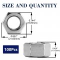 1 2-13 Hex Nuts 100 Pieces 304 Stainless Steel 18-8 Full Thread External Drive Bright Polished Finish Silver