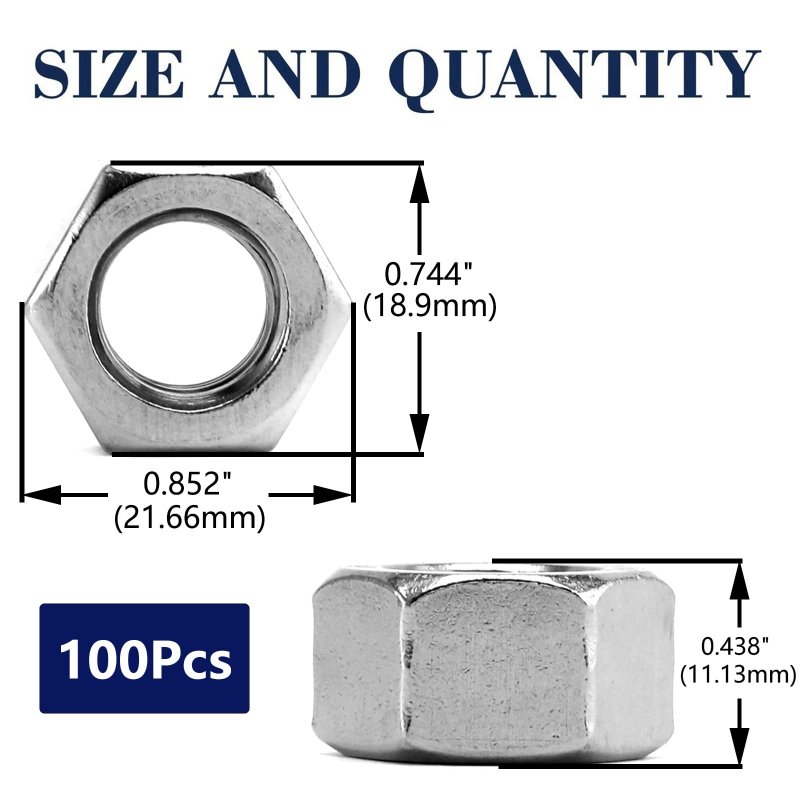1 2-13 Hex Nuts 100 Pieces 304 Stainless Steel 18-8 Full Thread External Drive Bright Polished Finish Silver