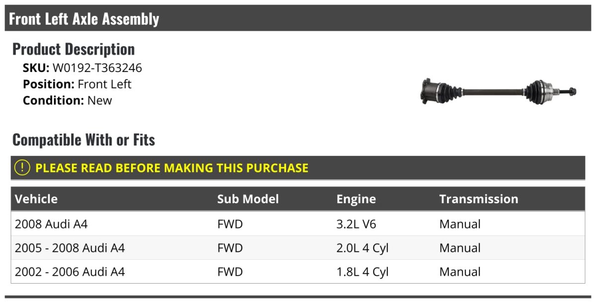Front Left Driver Side Cv Axle Assembly For 2002 To 2008 Audi A4 Fwd Manual Transmission Fits 1 8l 2 0l And 3 2l V6 Engines