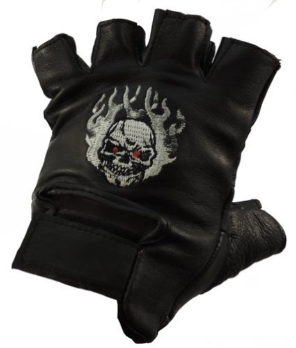 Motorcycle Biker Leather Fingerless Skull Flame Gloves 2xl