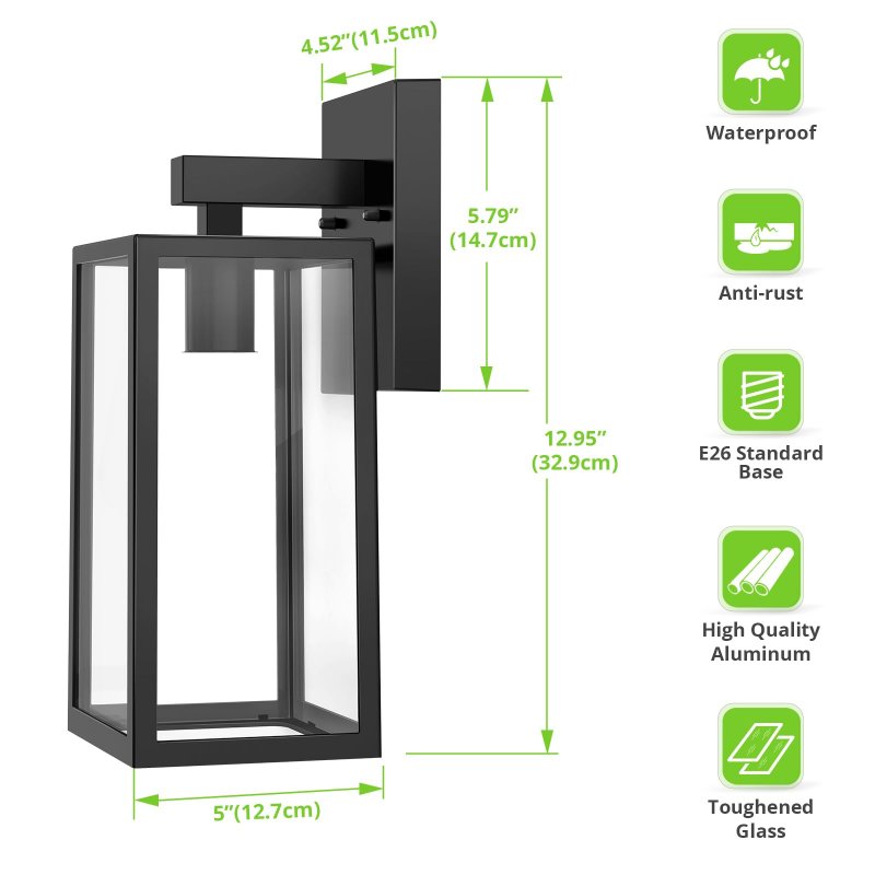 Maxvolador Outdoor Wall Sconce Exterior Waterproof Lantern Light Fixtures Black Porch Lights With Toughened Glass Shade