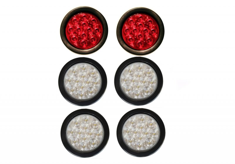6 Truck Trailer 4 Round Led Light 2 Red White Brake Stop Turn Tail Back Up Reverse Fog
