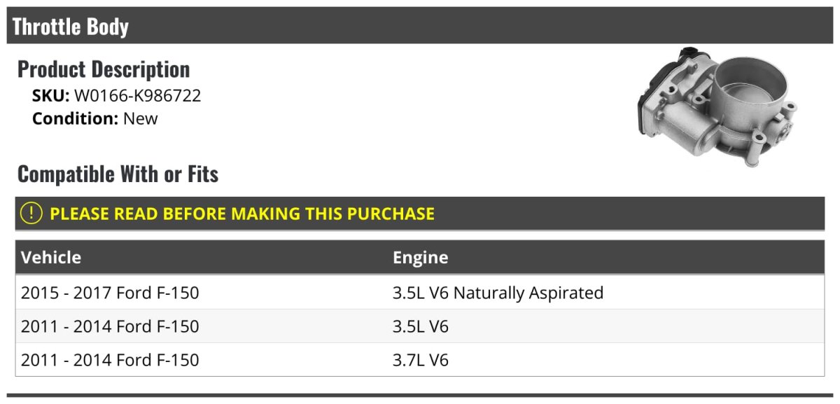 Throttle Body For 2011-2017 Ford F-150 3 5l 7l V6