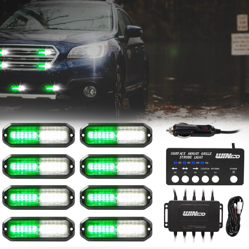 Wineco Green White Led Strobe Lights For Trucks Emergency Kits Construction Vehicles Surface Mount Grill Grille Light Flashing