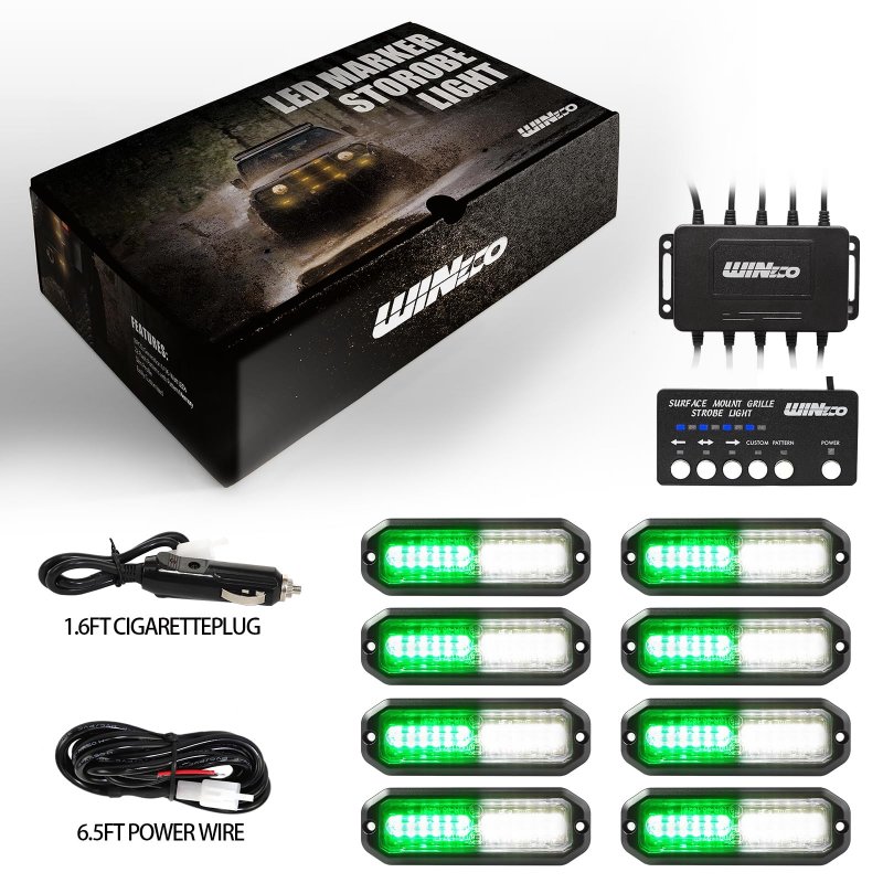 Wineco Green White Led Strobe Lights For Trucks Emergency Kits Construction Vehicles Surface Mount Grill Grille Light Flashing