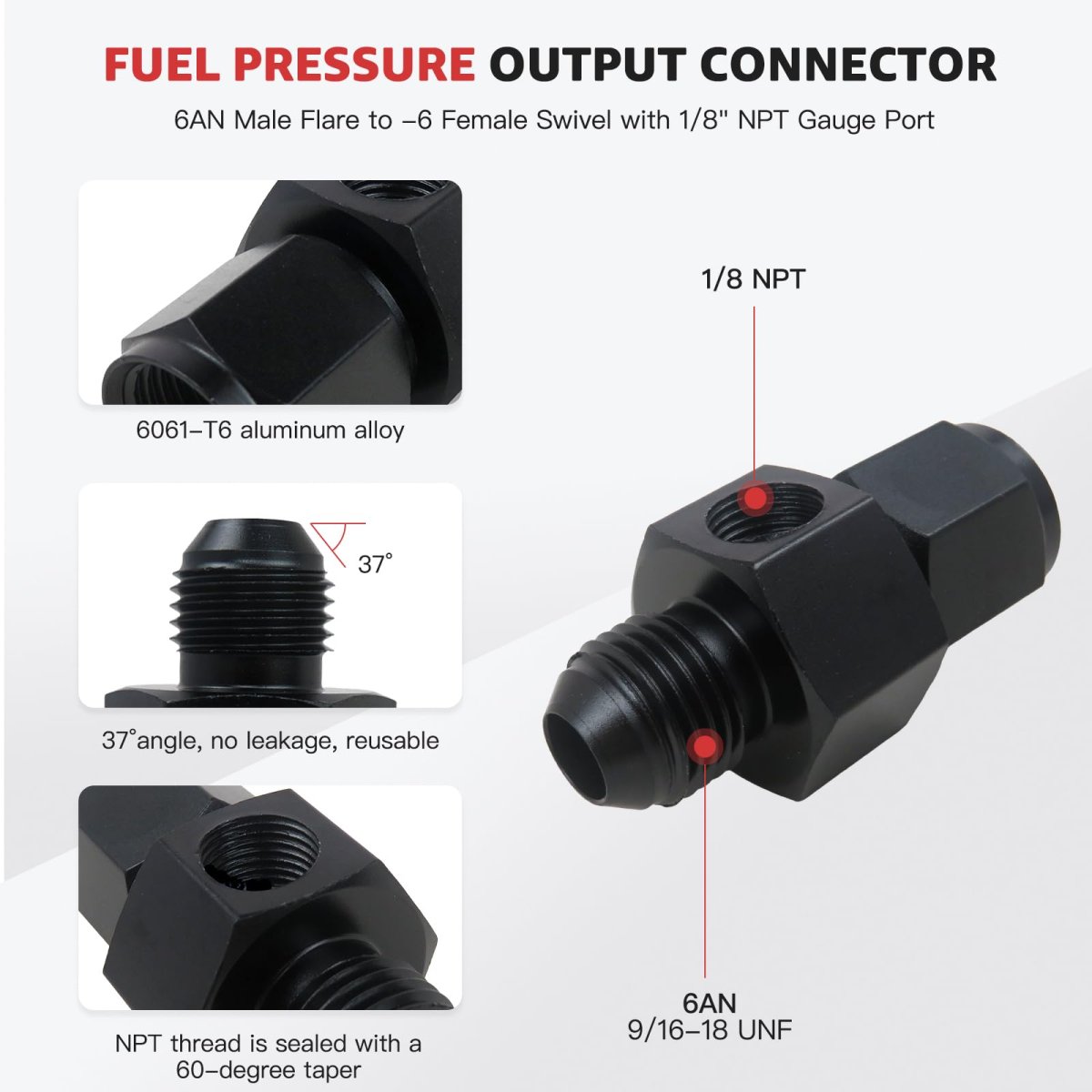 6an Fuel Pressure Gauge Adapter Fitting With 1 8 Npt Port 37a Flare 60a Taper Seal Black