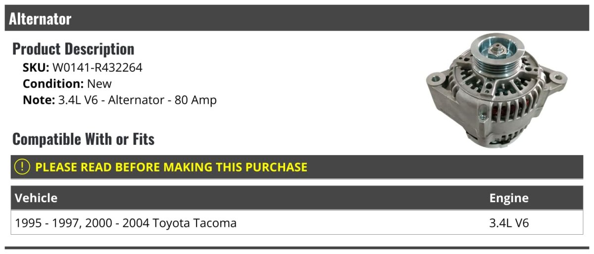 Alternator 80 Amp For 1995-1997 2000-2004 Toyota Tacoma 3 4l V6