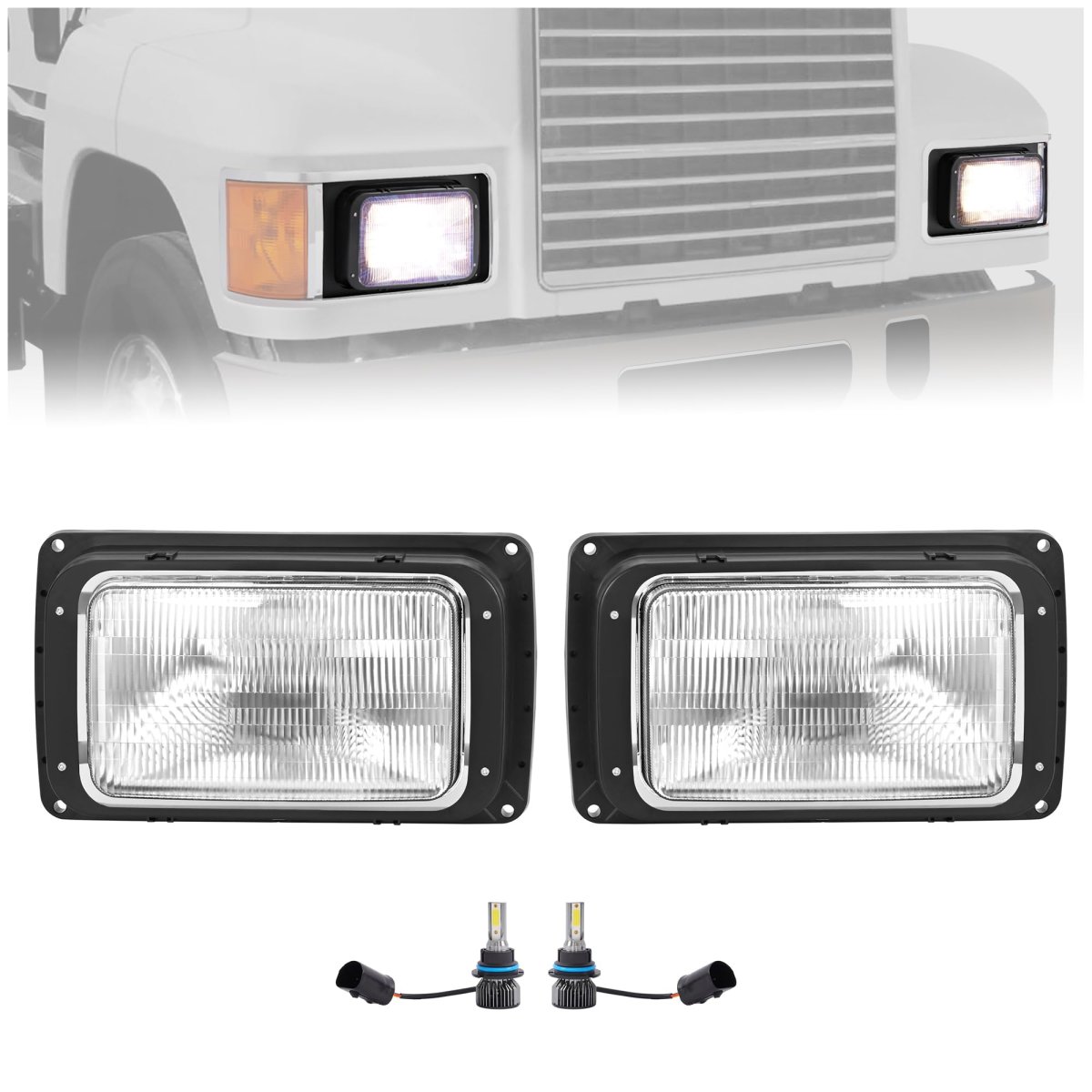 Led Headlight Assemblies Pair For 1990-2017 Mack Ch613 Sfa Hood Truck Clear And Amber Lens With Bulbs Replacement 2m0516cm