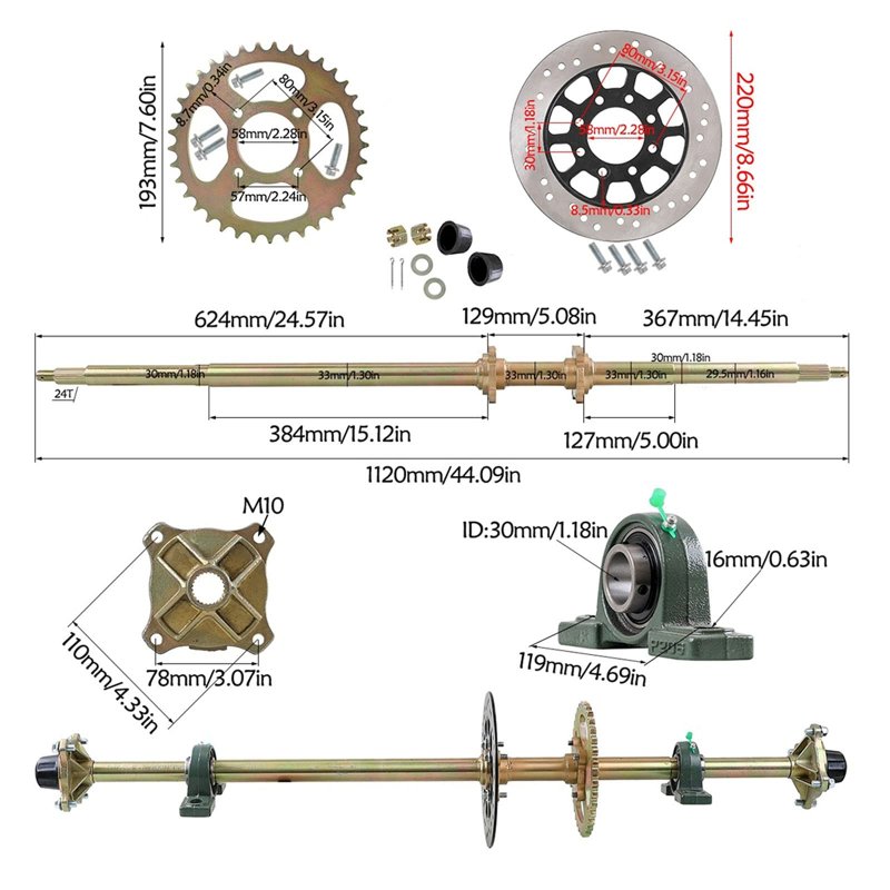 Denestus New 1120mm 44 Go Kart Live Rear Axle Complete Kit With Sprocket Brake Disc Pillow Block Wheel Hubs For Diy Or Atv Quad