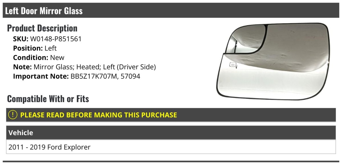 Heated Left Driver Side Door Mirror Glass For 2011 To 2019 Ford Explorer Bb5z17k707m 57094
