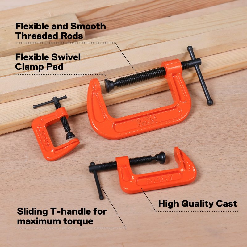 Pony Malleable Iron C-clamp Set 3-piece 1 2 3 Orange