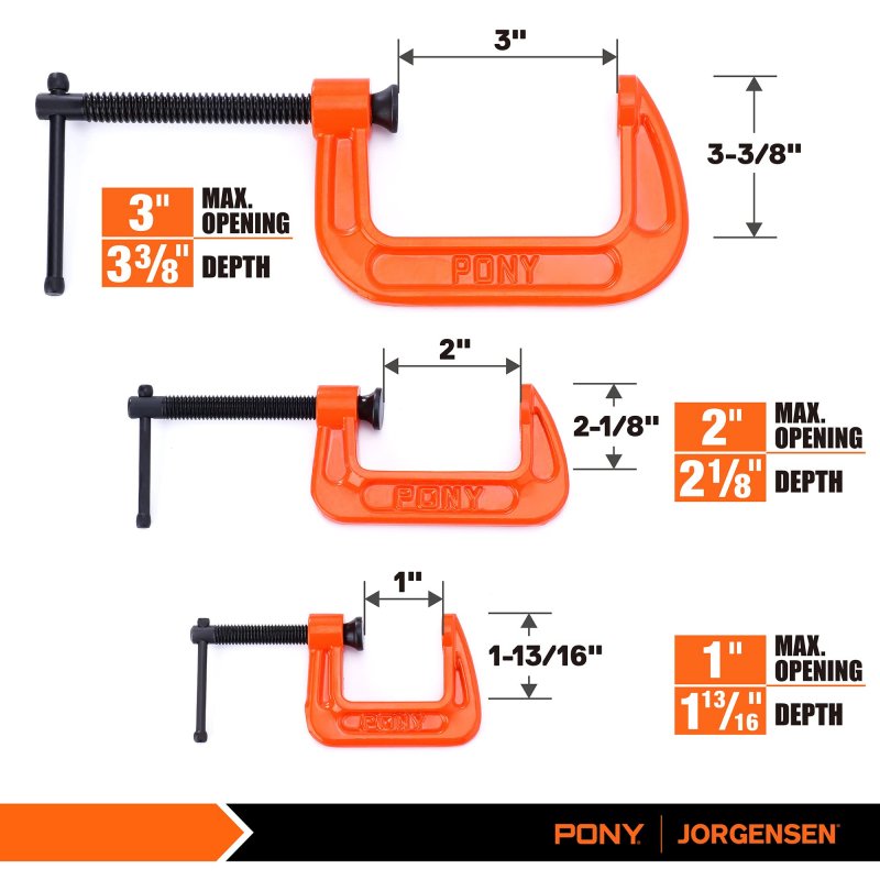 Pony Malleable Iron C-clamp Set 3-piece 1 2 3 Orange