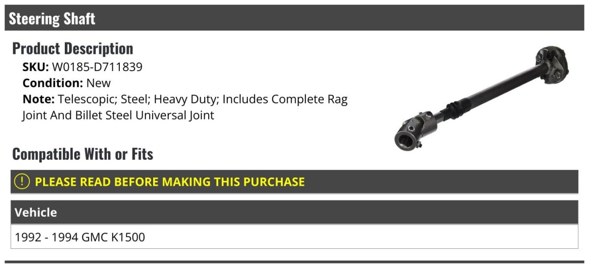 Steering Shaft For 1992-1994 Gmc K1500 Includes Complete Rag Joint And Billet Steel Universal