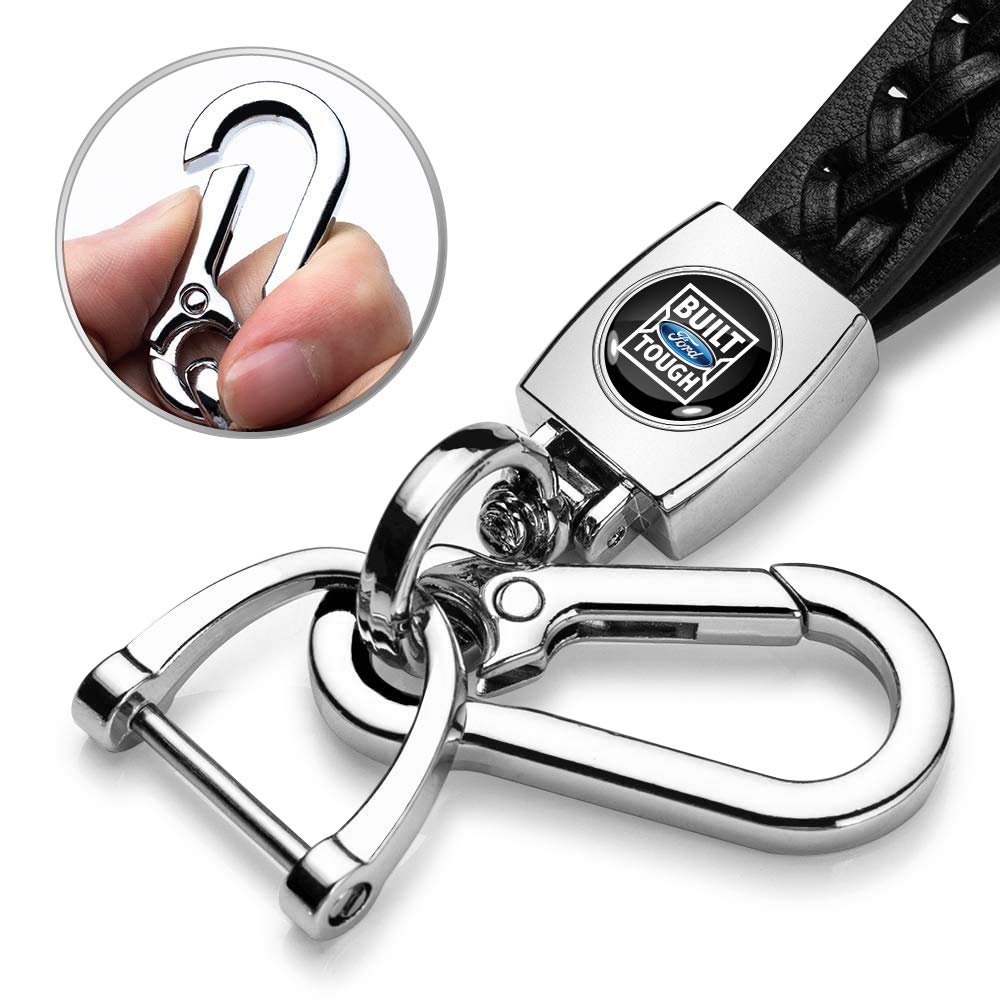 Built Ford Tough Black Braided Rope Genuine Leather Key Chain Elegant Chrome Zinc Alloy Hook 5 In Length Universal Fit For Car
