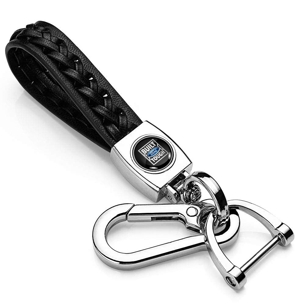 Built Ford Tough Black Braided Rope Genuine Leather Key Chain Elegant Chrome Zinc Alloy Hook 5 In Length Universal Fit For Car