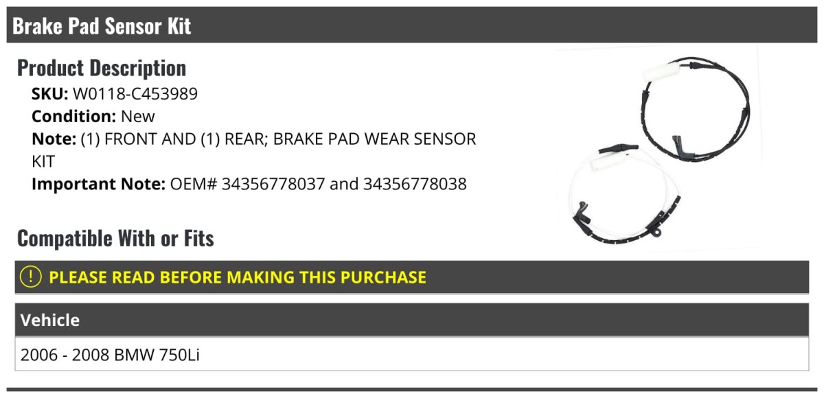 Brake Pad Sensor Kit 2 Piece For 2006-2008 Bmw 750li