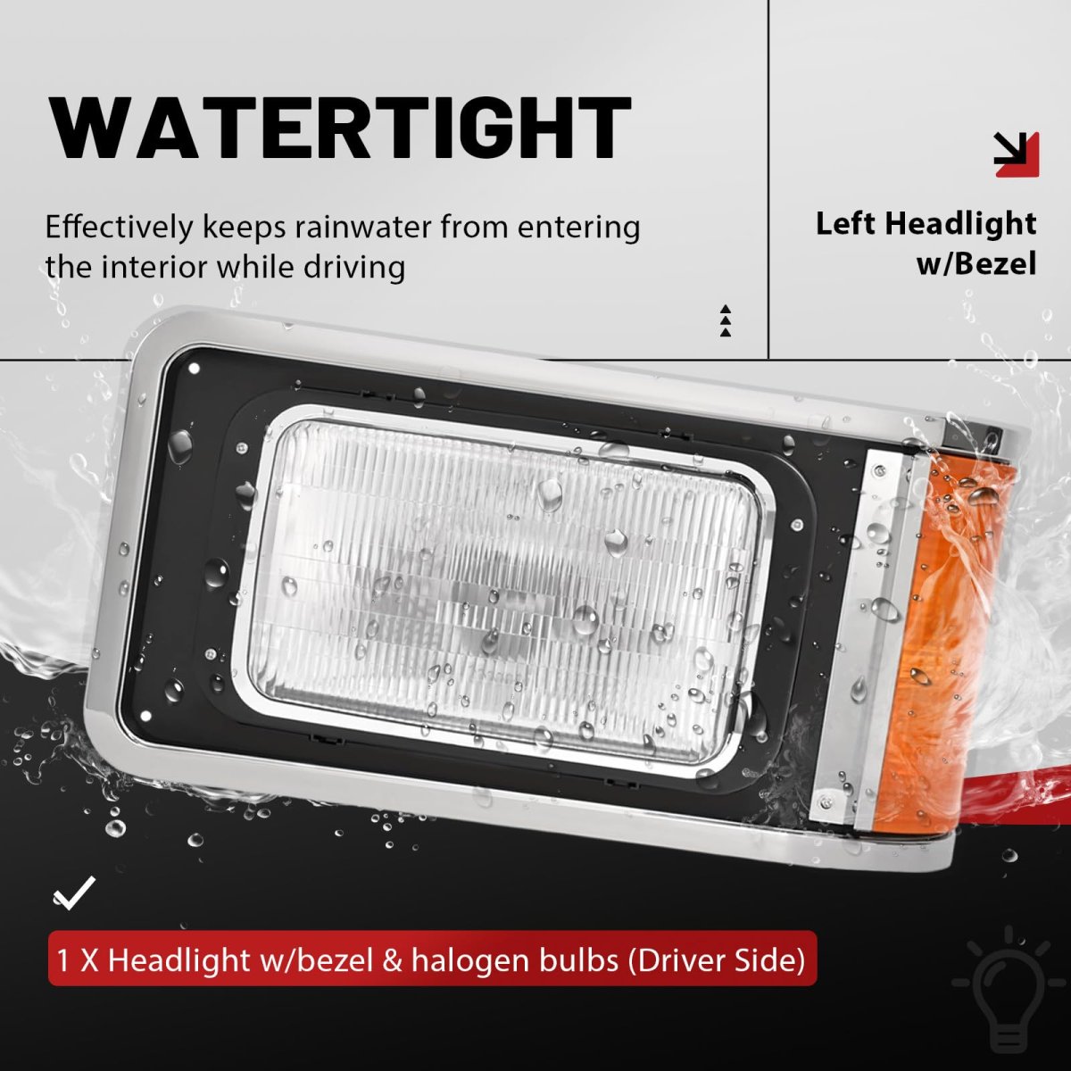 Left Headlight With Bezel For 1990-2017 Mack Ch613 Sfa Hood Truck Driver Side Halogen Headlamp Set Turn Signal Bulb Clear And