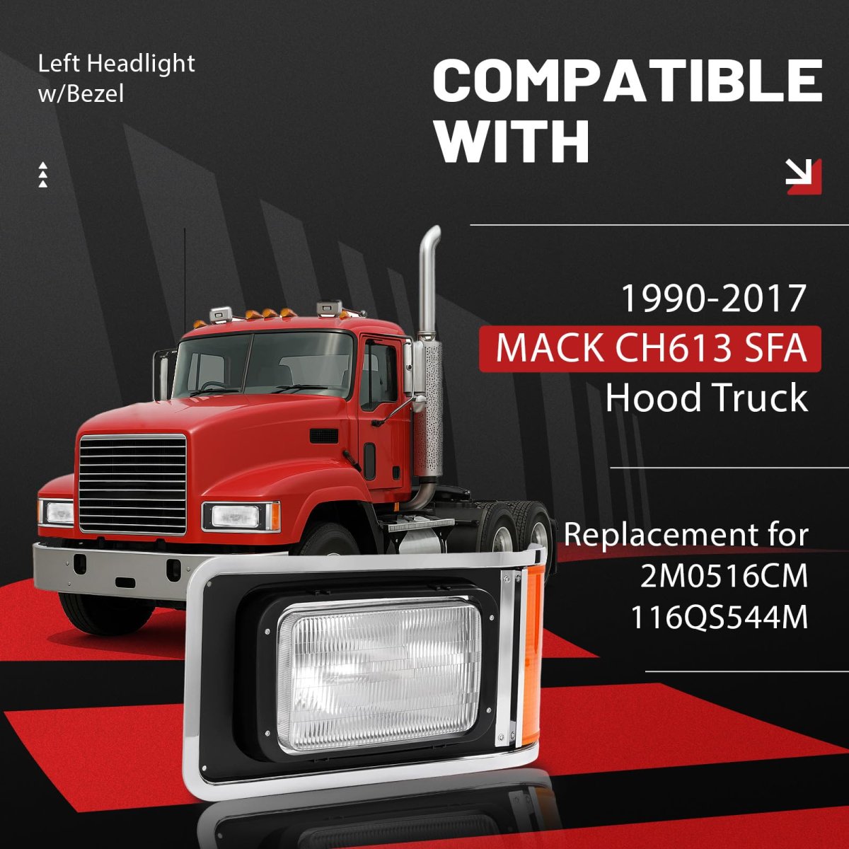 Left Headlight With Bezel For 1990-2017 Mack Ch613 Sfa Hood Truck Driver Side Halogen Headlamp Set Turn Signal Bulb Clear And