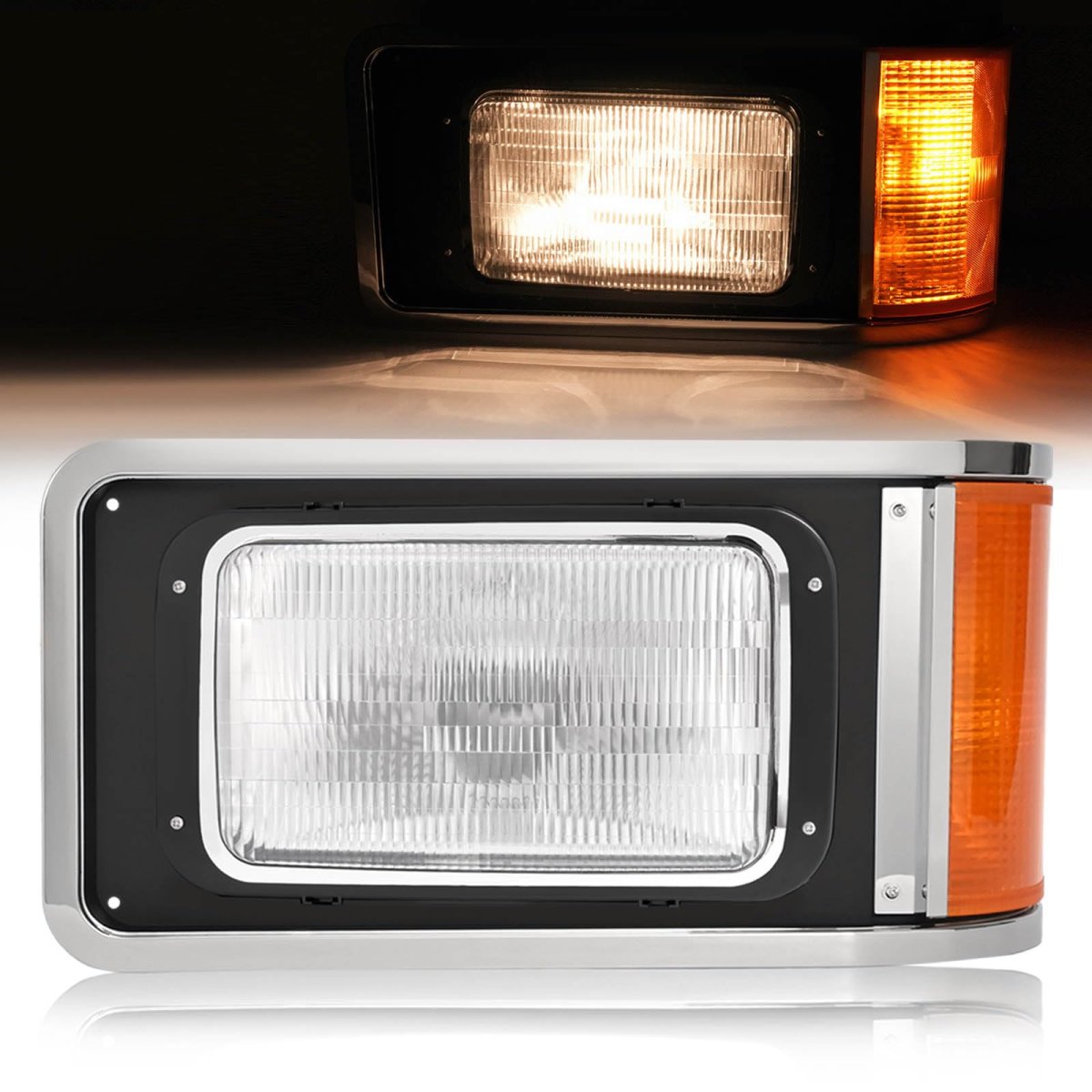 Left Headlight With Bezel For 1990-2017 Mack Ch613 Sfa Hood Truck Driver Side Halogen Headlamp Set Turn Signal Bulb Clear And