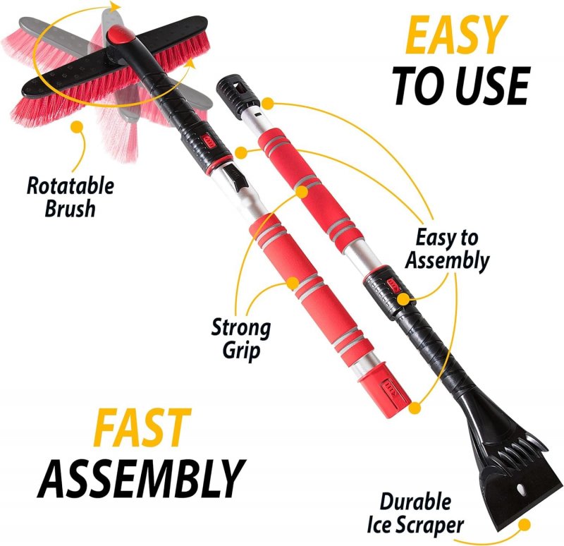 Zone Tech Extendable Snow Brush And Ice Scraper For Car 62 2-1 Adjustable Length Rotating Head Red Foam Grip Perfect