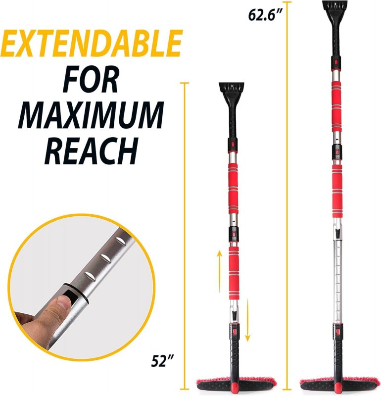 Zone Tech Extendable Snow Brush And Ice Scraper For Car 62 2-1 Adjustable Length Rotating Head Red Foam Grip Perfect