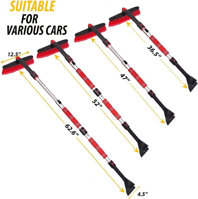 Zone Tech Extendable Snow Brush And Ice Scraper For Car 62 2-1 Adjustable Length Rotating Head Red Foam Grip Perfect