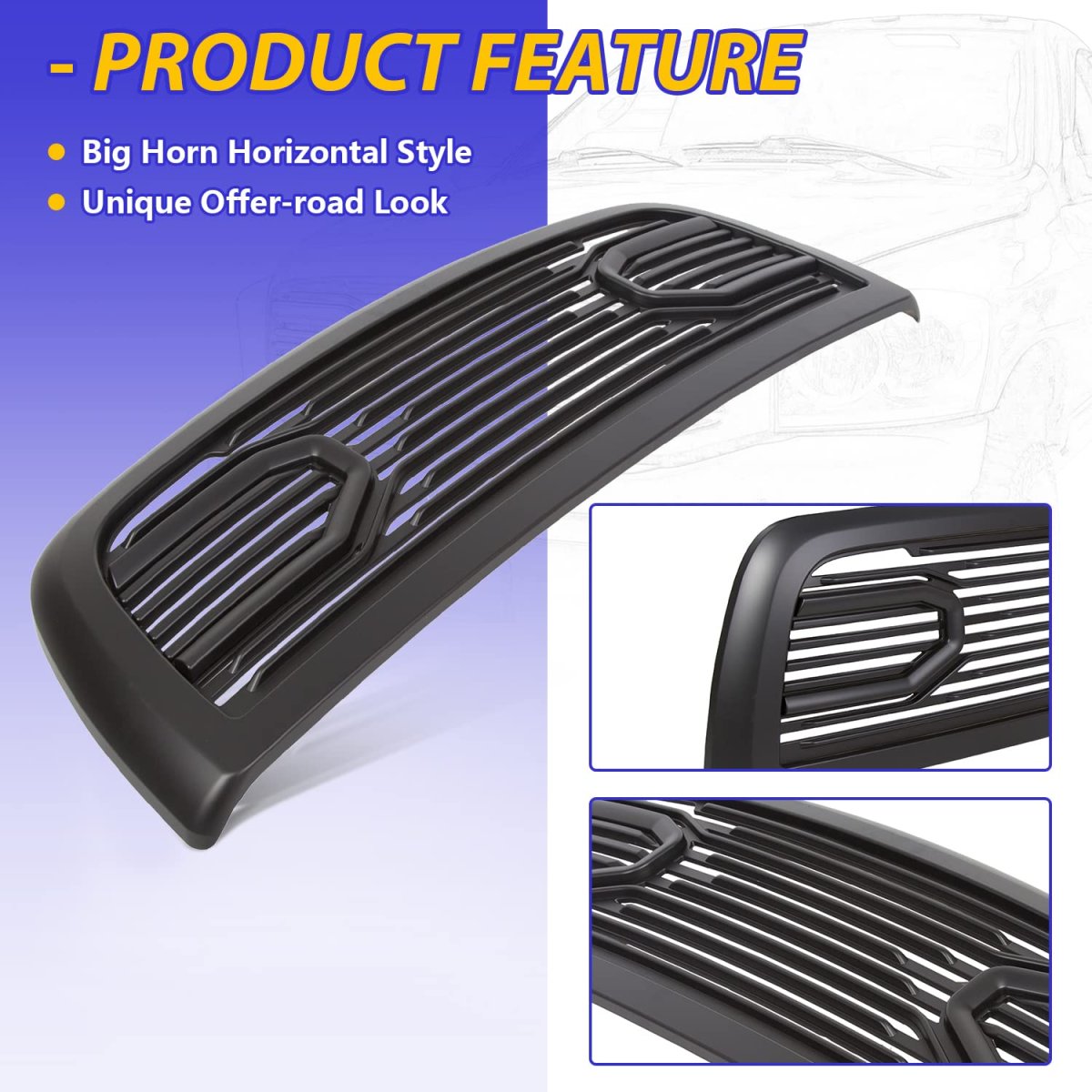 Front Hood Bumper Grille Grill For 2010-2018 Dodge Ram 2500 3500 4500 Replacement Shell Big Horn Horizontal Style Black W O