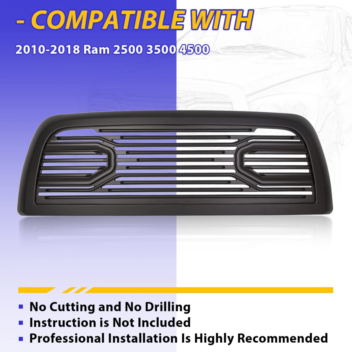 Front Hood Bumper Grille Grill For 2010-2018 Dodge Ram 2500 3500 4500 Replacement Shell Big Horn Horizontal Style Black W O