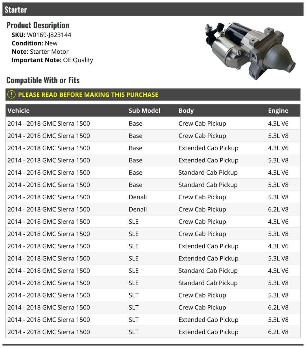 Starter Motor For 2014-2018 Gmc Sierra 1500