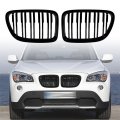 Set Of Glossy Black Front Upper Center Kidney Grille Grill Dual Slat Double Line Compatible With 2009-2014 Bmw X1 E84