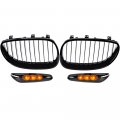 Astra Depot Front Glossy Black Wide Kidney Center Grille T10 Side Marker Lights Compatible With 2004-2010 E60 E61 5 Series