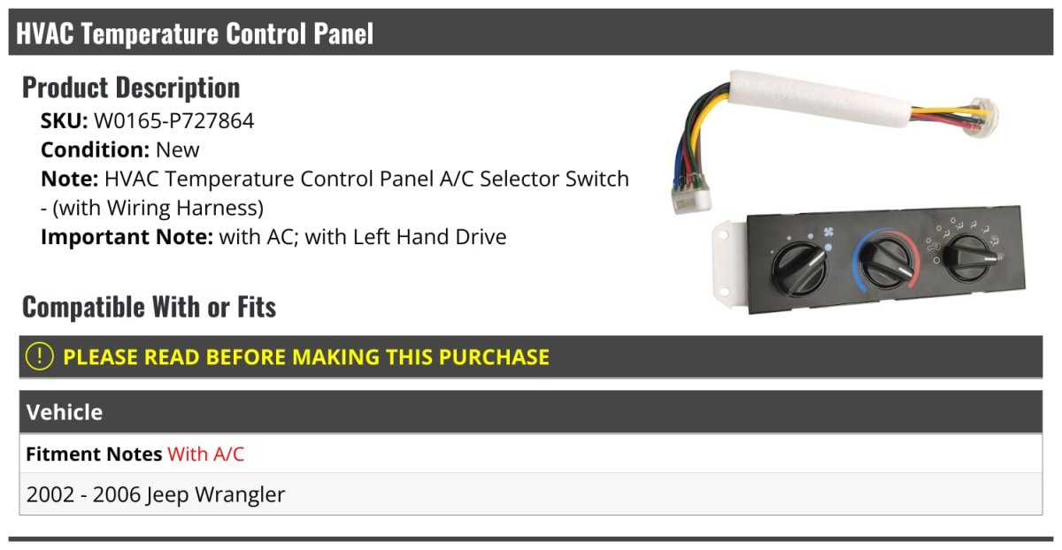 Hvac Temperature Control Panel Ac Selector Switch With Wiring Harness For 2002 2006 Jeep Wrangler And Left Hand Drive