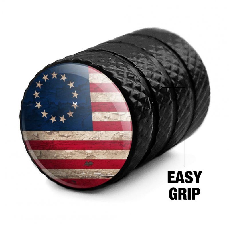 Rustic Betsy Ross 1776 Distressed American Flag Aluminum Valve Stem Caps 4 Piece Set For Cars Trucks And Vans Black Metal Air