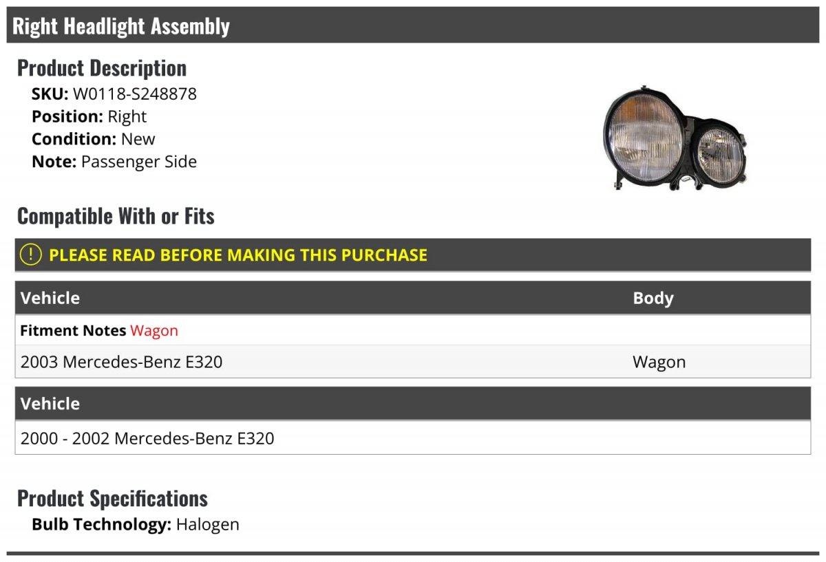 Right Passenger Side Halogen Headlight Assembly For 2000-2003 Mercedes-benz E320 W0118-s248878