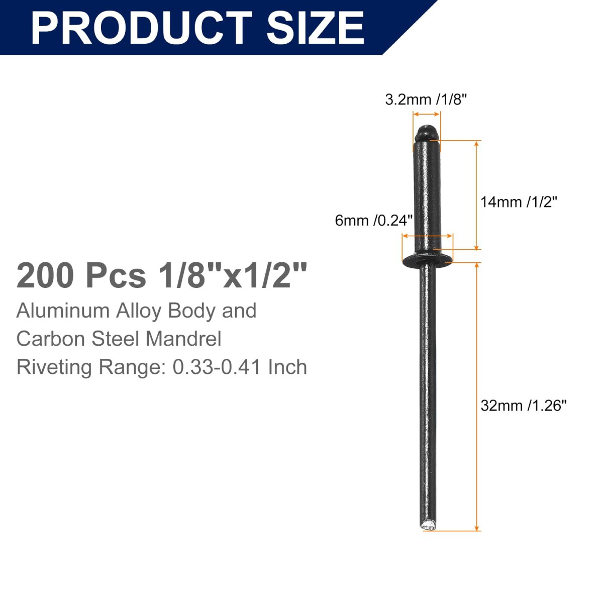 200pcs 1 8 X1 2 Aluminum Blind Rivets Grip And Steel Mandrel Countersunk Head Long Split For Metal Furniture Automotive Black