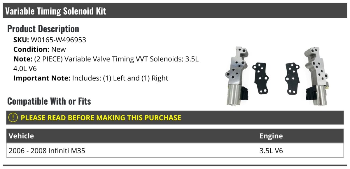 Vvt Variable Valve Timing Solenoid Kit 2 Piece For 2006-2008 Infiniti M35 3 5l 4 0l V6