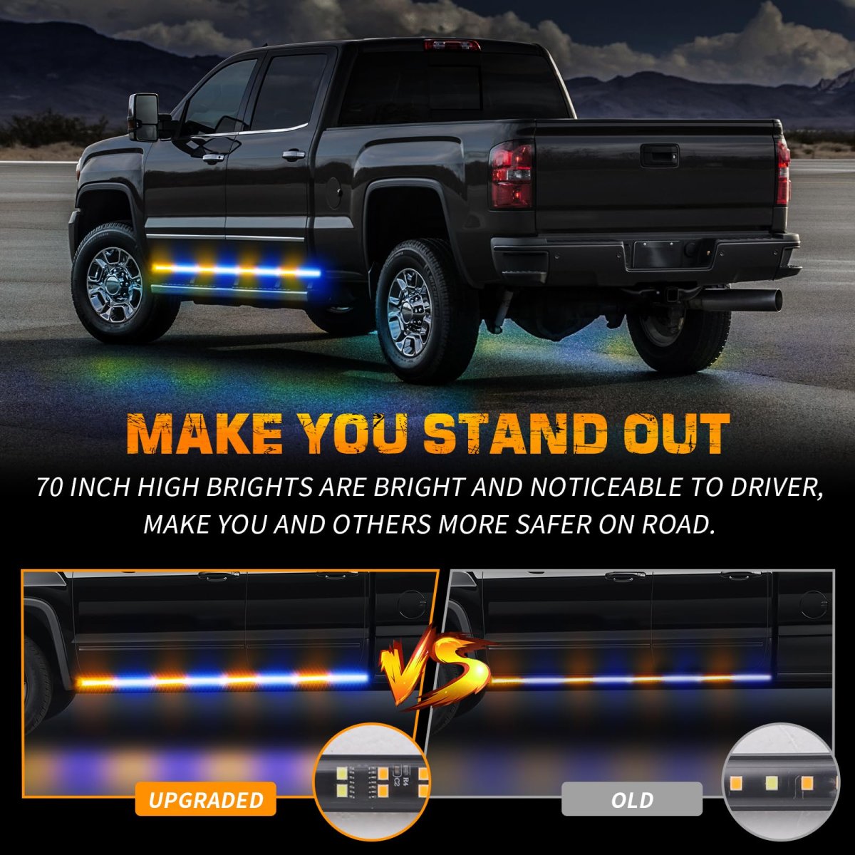 2pcs 70 In Amber Blue Strobe Lights Strip 864 Led Emergency Running Board Flashing Warning Hazard Safety Waterproof For Trucks