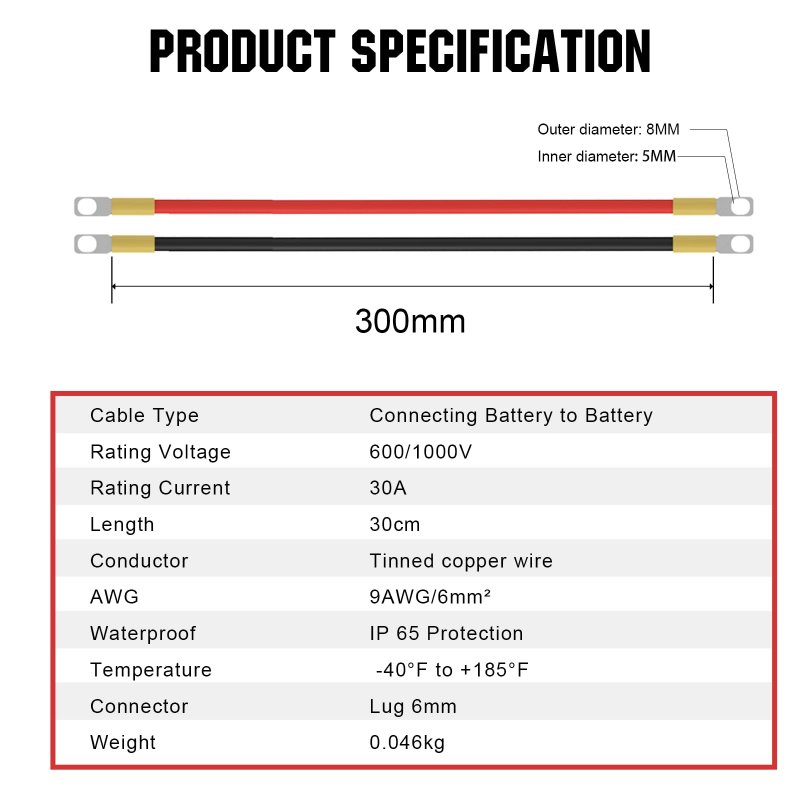 Eco-worthy 9awg Battery Cables Set With 13 64 Lugs Terminals 12inch Tinned Copper Inverter Cable For Car Truck Rv Solar