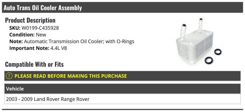 Automatic Transmission Oil Cooler Assembly With O Rings For 2003 To 2009 Land Rover Range 4 4l V8 Part Number W0199-c435928