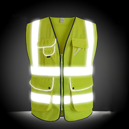 J K 9 Pockets Class 2 High Visibility Zipper Front Safety Vest With Reflective Strips Yellow Meets Ansi Isea Standards Medium