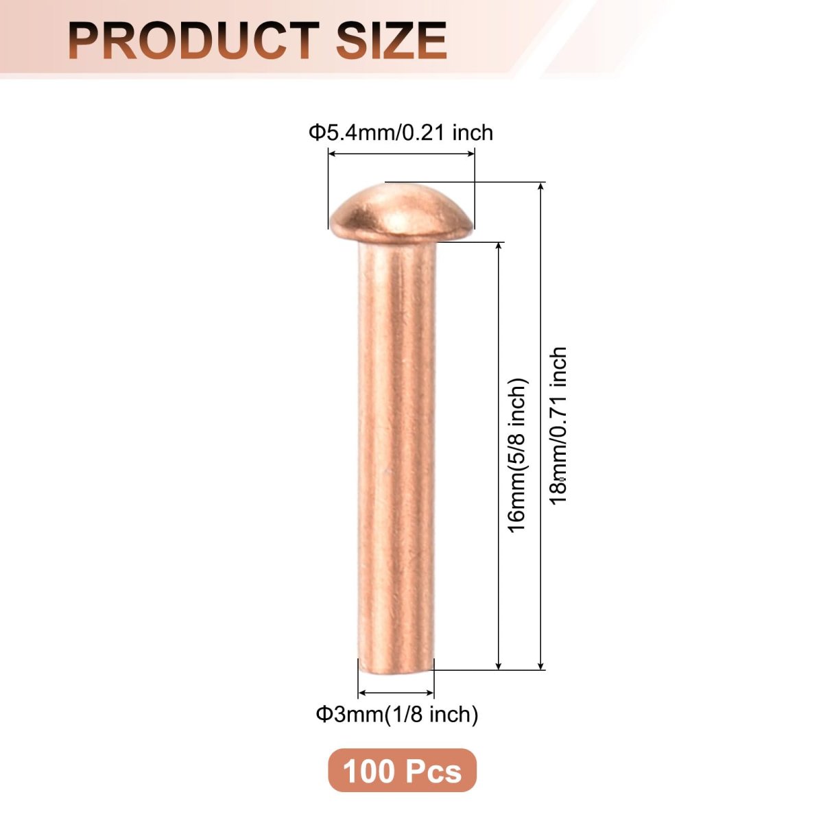 100 Pcs Copper Solid Rivets 1 8 X 5 Round Head Rivet Metal Fasteners Stud For Electrical Applications Finish Tone