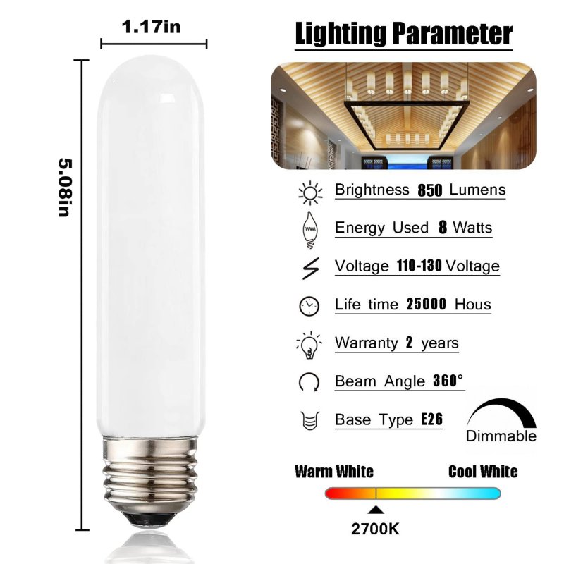 T10 Led Bulb Dimmable Frosted Tube Light Bulbs 8w 60 To 75 Watt Equivalent 2700k Warm White E26 Base For Desk Lamp And Bathroom