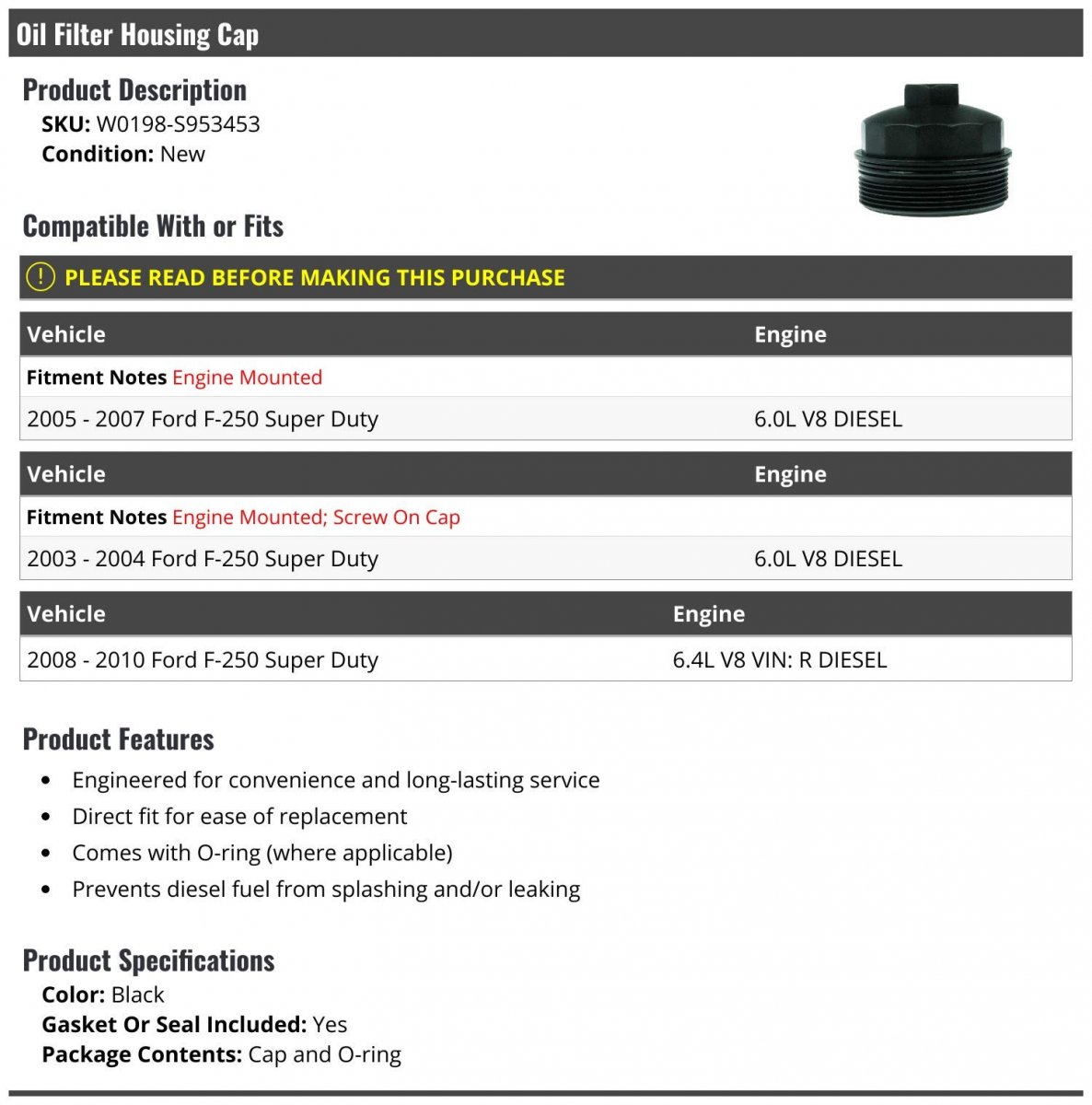 Oil Filter Housing Cap With O Ring For 2003 To 2010 Ford F 250 Super Duty V8 Diesel Part W0198-s953453