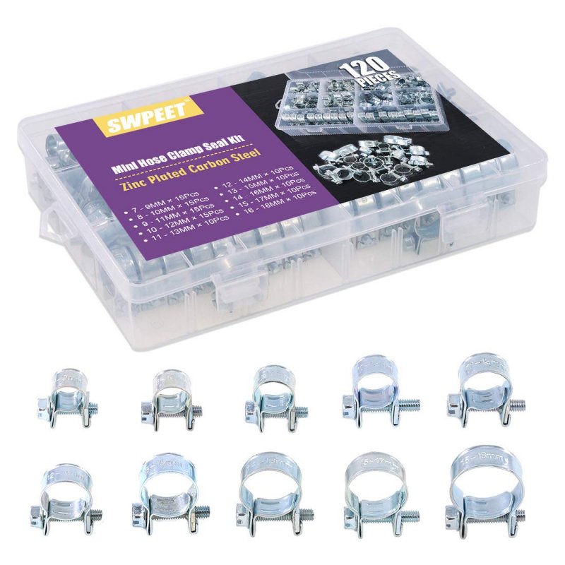 Swpeet 120pcs 10 Sizes Zinc Plated Mini Fuel Injection Line Style Hose Clamp Assortment Kit Perfect For Automotive Agriculture