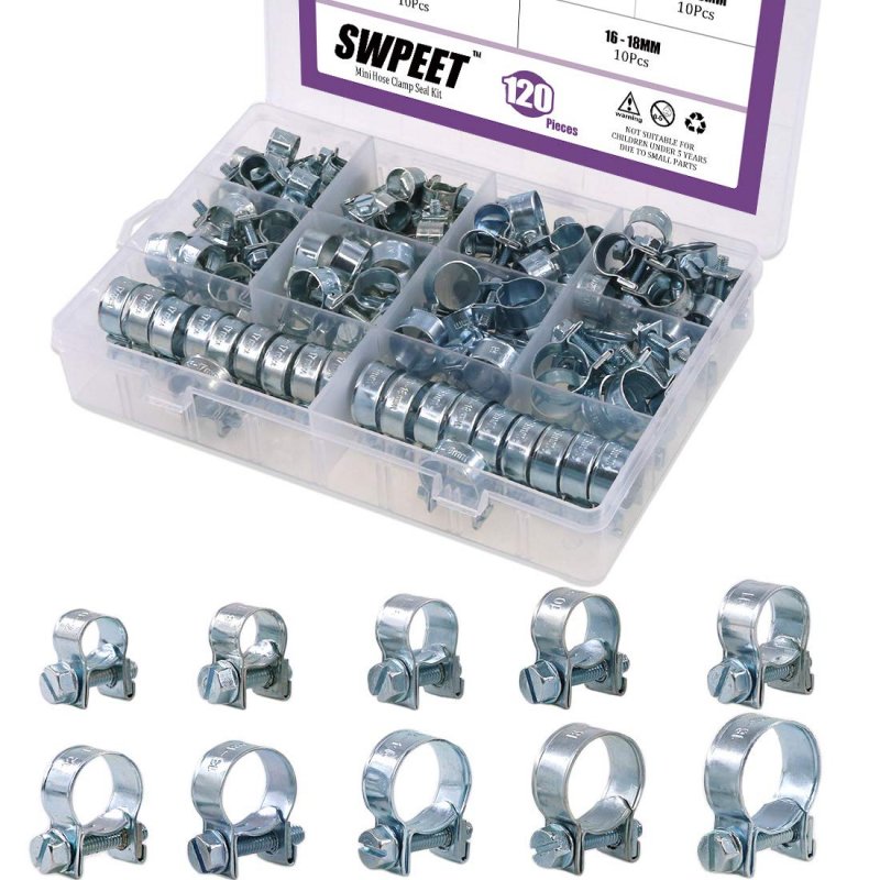 Swpeet 120pcs 10 Sizes Zinc Plated Mini Fuel Injection Line Style Hose Clamp Assortment Kit Perfect For Automotive Agriculture