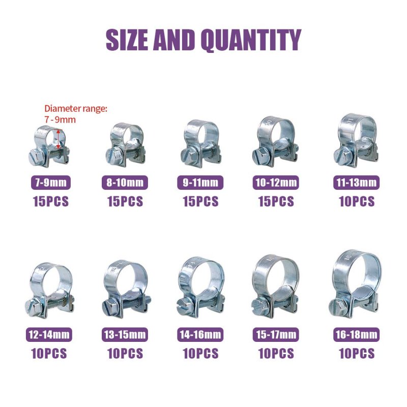 Swpeet 120pcs 10 Sizes Zinc Plated Mini Fuel Injection Line Style Hose Clamp Assortment Kit Perfect For Automotive Agriculture