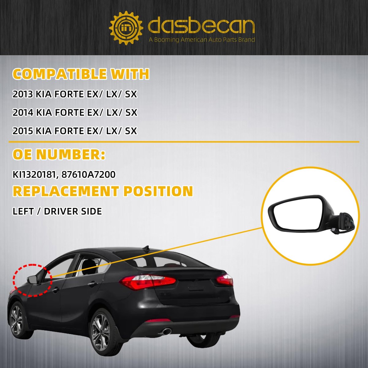 Left Driver Side Mirror For 2013 2014 2015 Kia Forte Rear View Black With Manual Folding Heated Power Glass Replace 87610a7200