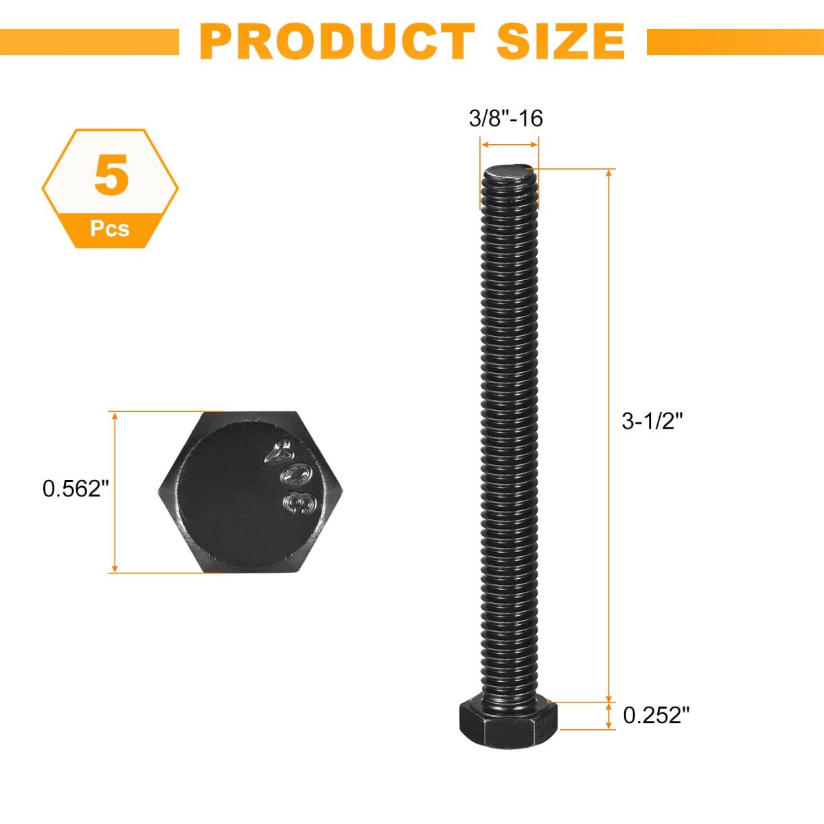 5pcs 3 8-16 X 3-1 2 Hex Head Bolts 304 Stainless Steel Fully Threaded Screw Black Oxide Finish For Construction Machinery