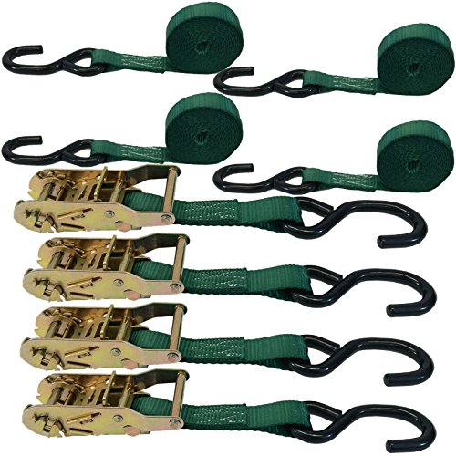4 Pack Of 1 Inch Green Ratchet Straps With Coated S Hooks