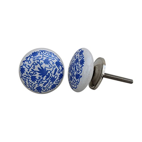 Ceramic Blue Daisy Flat White Drawer Pulls And Knobs Handmade Designer Set Of 12 Silver Finish 102